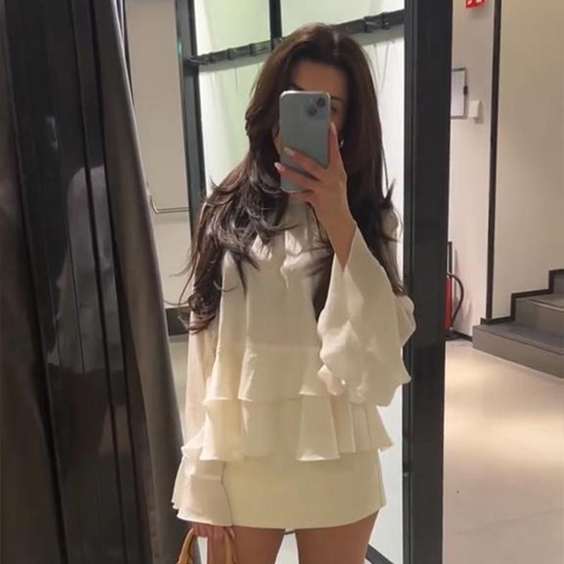 Elegant Long Sleeve Female O Neck Blouses Fashion Chiffon Ruffled Shirts for Women 2025 Spring New Chic Lady Tops Simple Commut