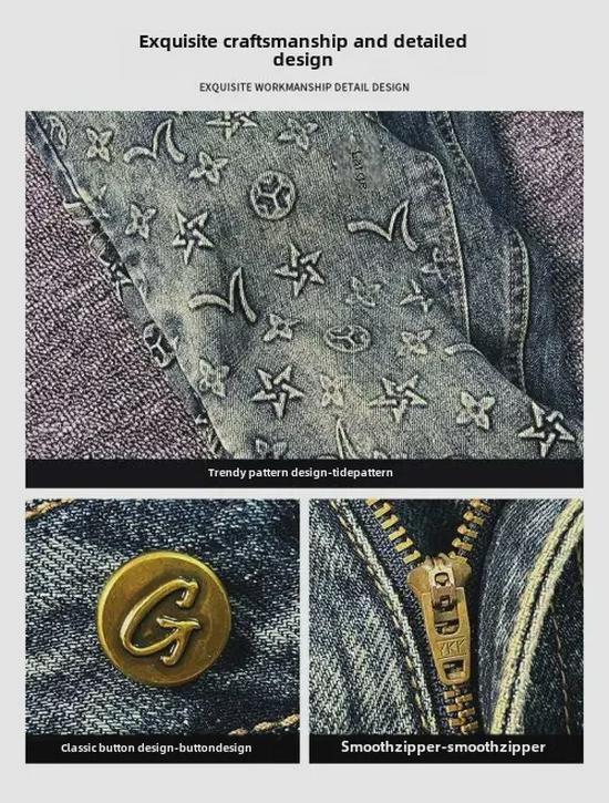 Мужские джинсы прямого кроя с тиснением и потертостями в стиле «американское ретро», коллекция осень 2024 г., свободный крой с резинкой и уникальной строчкой «обезьянка».