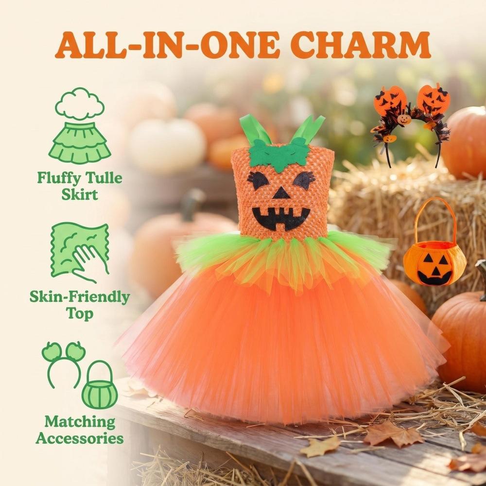 Pumpkin Tutu Dress Halloween Costume for Girls Tulle Skirt Party Dress with Headband and Pumpkin Bag Set for Festival Stage Performance