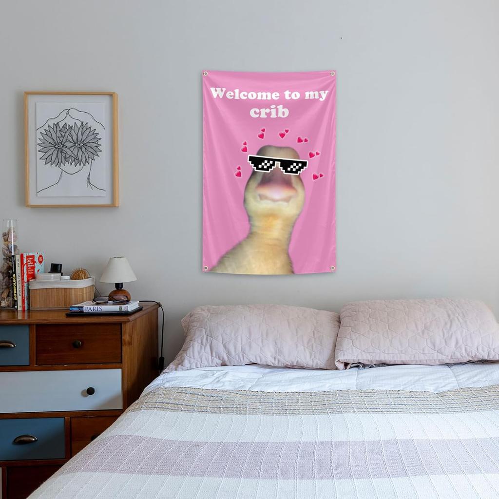 Welcome To My Crib Flag 2x3 Feet Tapestry With 4 Brass Grommets. Funny Flag for Teen Girls Room Indoor Outdoor Bedroom and College Dorm Wall Decor