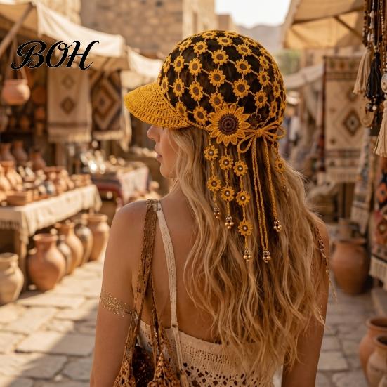 Travel Vacation Headwear Hand Crocheted Sunflower Baseball Cap, Bohemian Tassel Bell Hat, Handmade Knit Cutout Floral Embellished Cap Beanie