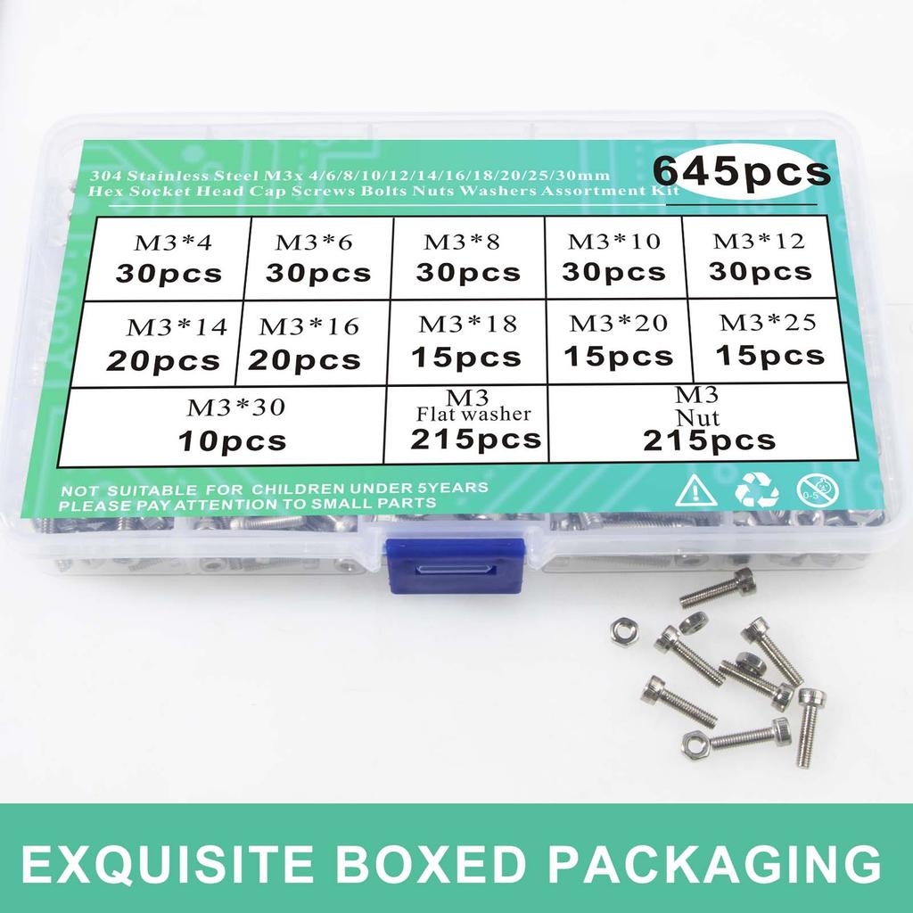 364/645 шт. Винты с шестигранной головкой под внутренний шестигранник M3, Набор ассорти из болтов, гаек и шайб с шестигранной головкой из нержавеющей стали 304