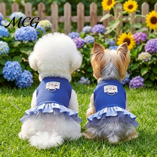 Layered Pet Clothing Sleeveless Ribbed Dress, Ultramarine Blue Cute Dog Striped Skirt Lightweight Dress Girl Doggie Clothes for Small Medium