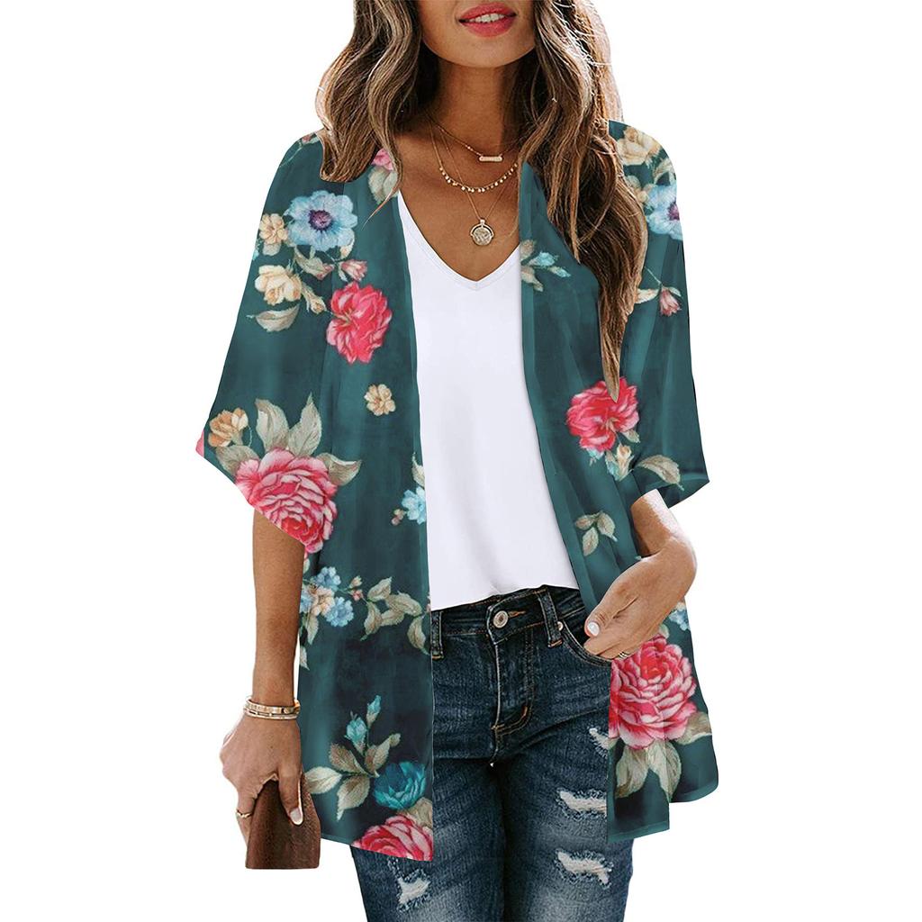 Women's Fashion Printed Seven-Part Sleeve Cardigan Loose Blouse Casual Blouse Top