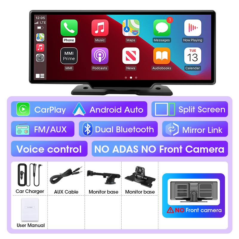 10,26-дюймовый 4K-видеорегистратор для автомобиля ADAS DVR, беспроводной Carplay и Android Auto, экран BT, WiFi, GPS-навигация, видеорегистратор, AUX-зеркало, монитор