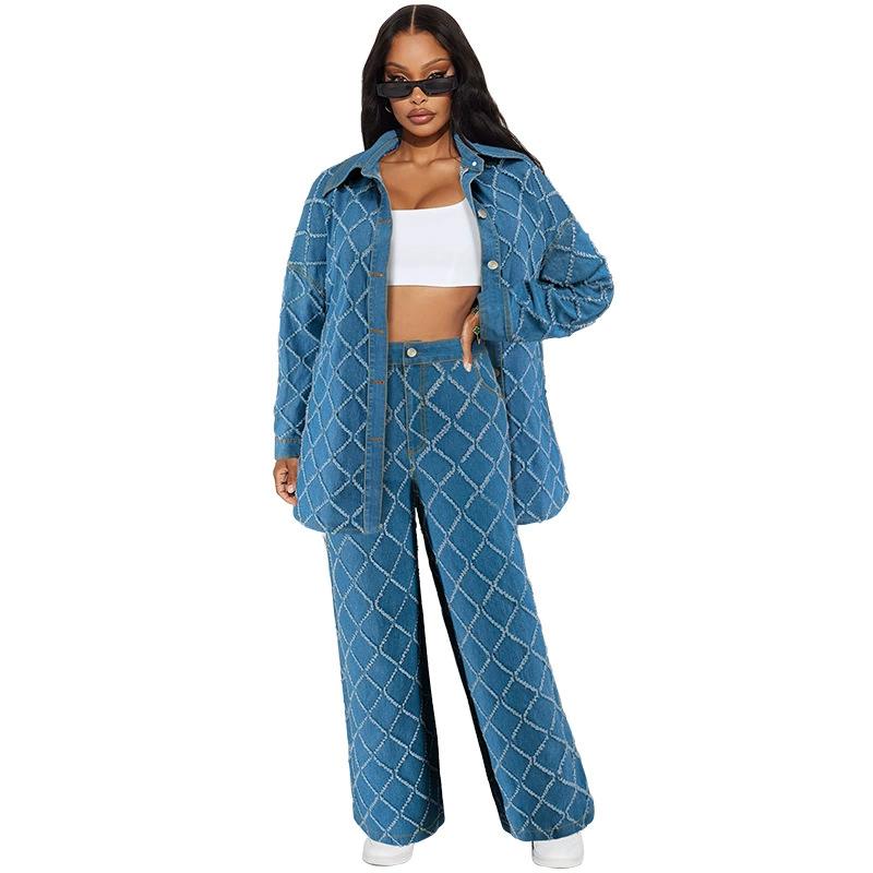 Fashion Women's Denim Tassel Checkered Cardigan Set with Shoulder Down and Long Sleeves