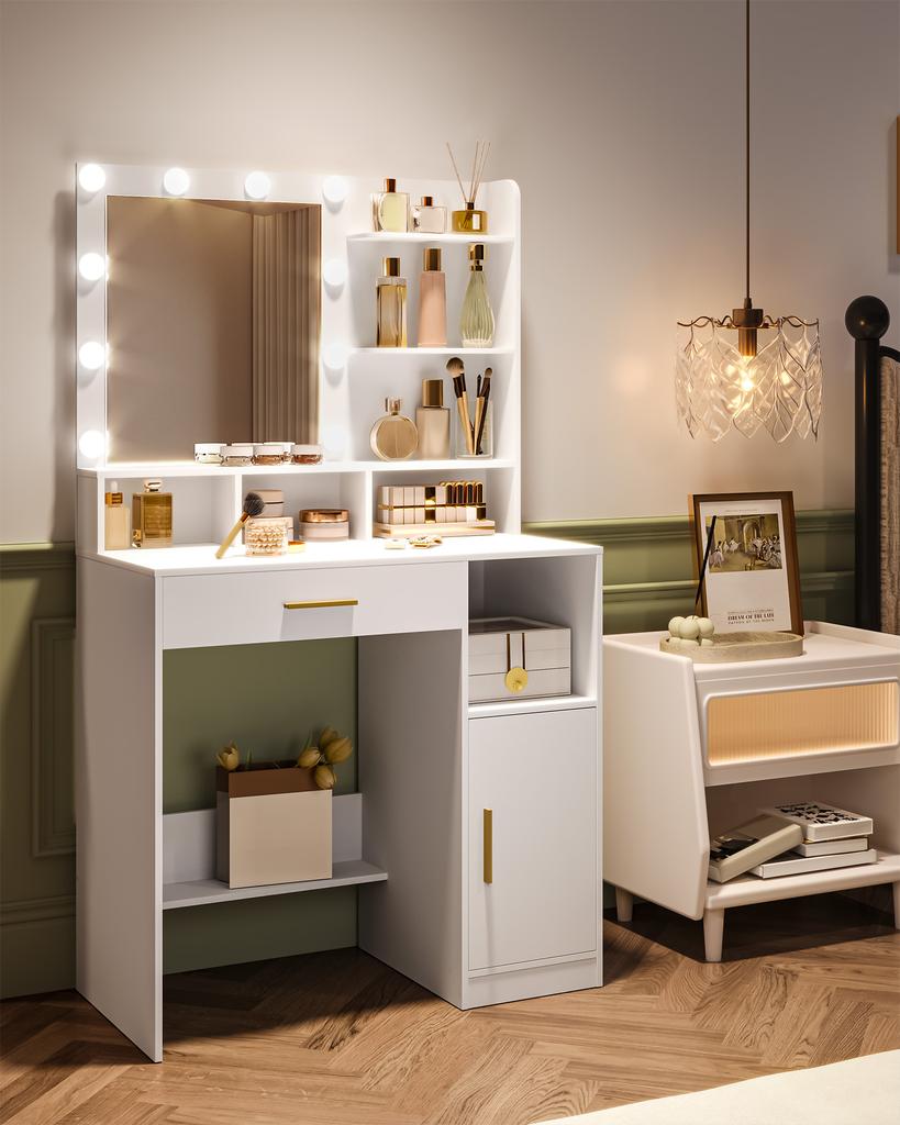 Hzuaneri Dressing Table with Mirror and 10 LED Lights, Vanity Unit with 3 Shelves & 4 Open Compartments, with Large Drawer