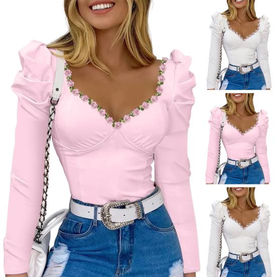 Женские топы с квадратным воротником, пышная футболка с длинным рукавом, цветочный декор, сплошной цвет, приталенная футболка