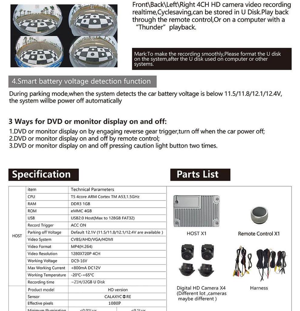 360° HD Dashcam with 3D Reversing Assist, Four-Lens Universal Car Camera