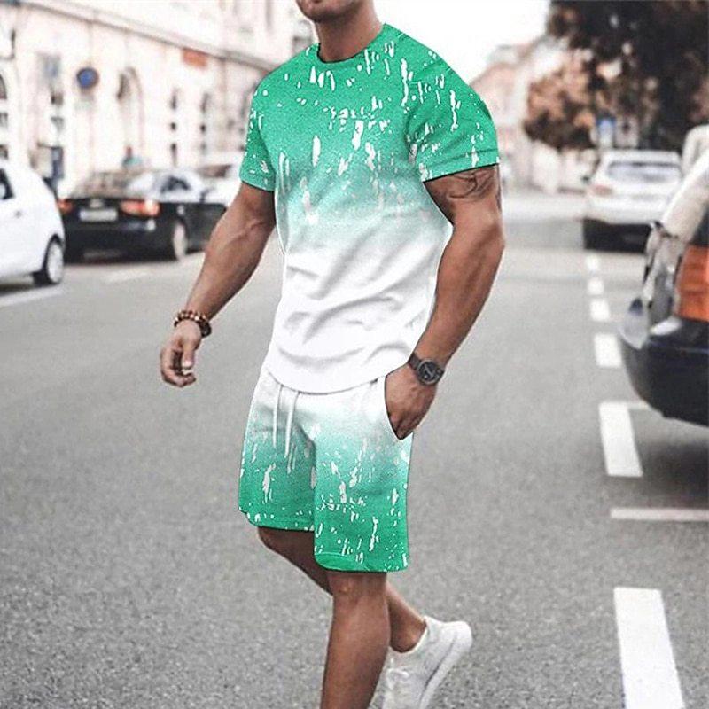 Asian Size Europe and the United States New 3D Digital Printed Men's Casual Fashion Sports Men Short Sleeve Up and Down Two Sets