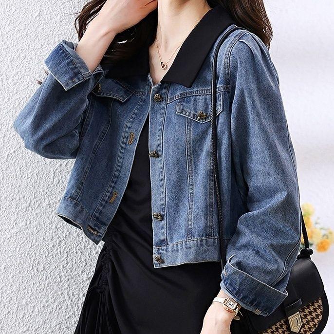 Cropped Denim Jacket Women Korean Fashion Back Split Buttons Up Bomber Jacket Female Lapel Long Sleeve Jeans Coats