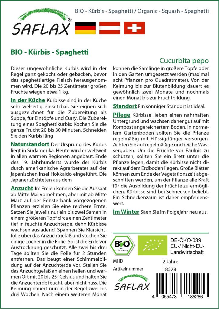 SAFLAX Garden in the Bag - Органический продукт - Тыква - Спагетти - 5 семян - С субстратом в подходящем пакете - Cucurbita pepo