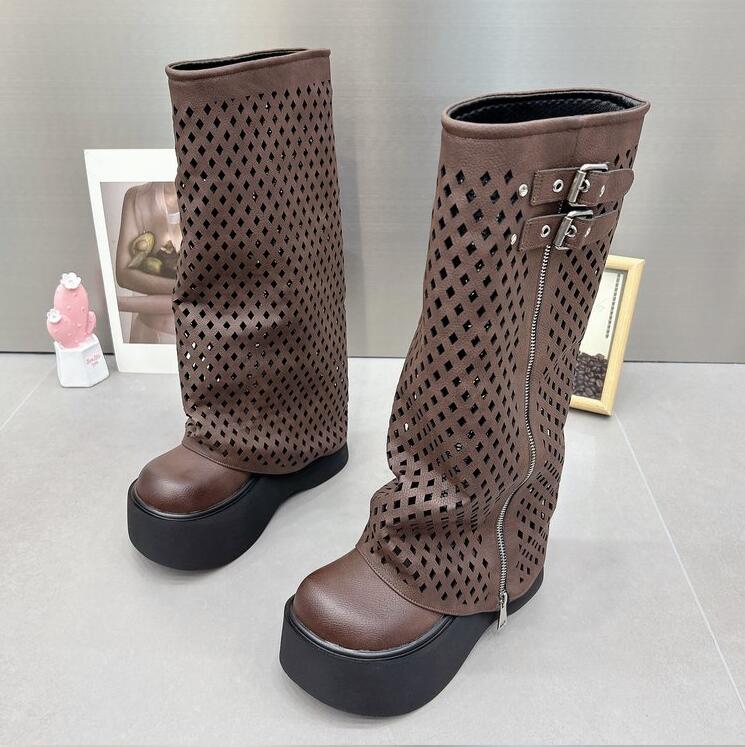 2024 зимние женские байкерские ботинки, модные женские ботинки на платформе с пряжкой на ремне, длинные ботинки-трубы, повседневные женские ботинки до колена на молнии, теплые ботинки
