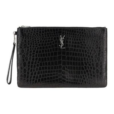 Женский кожаный клатч YSL Monogram с серебристой фурнитурой и застежкой-молнией, черный, артикул 531916-0Q50E-1000