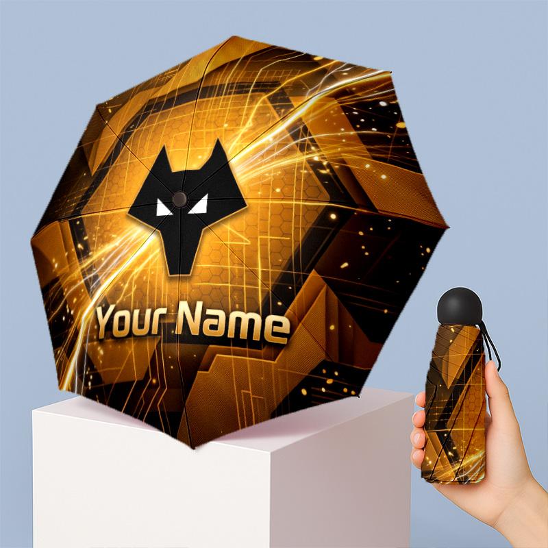 Wolverhampton Wanderers Football Manual Five Fold 8 Rib Umbrella Support Custom Text, Lightweight Travel Umbrella