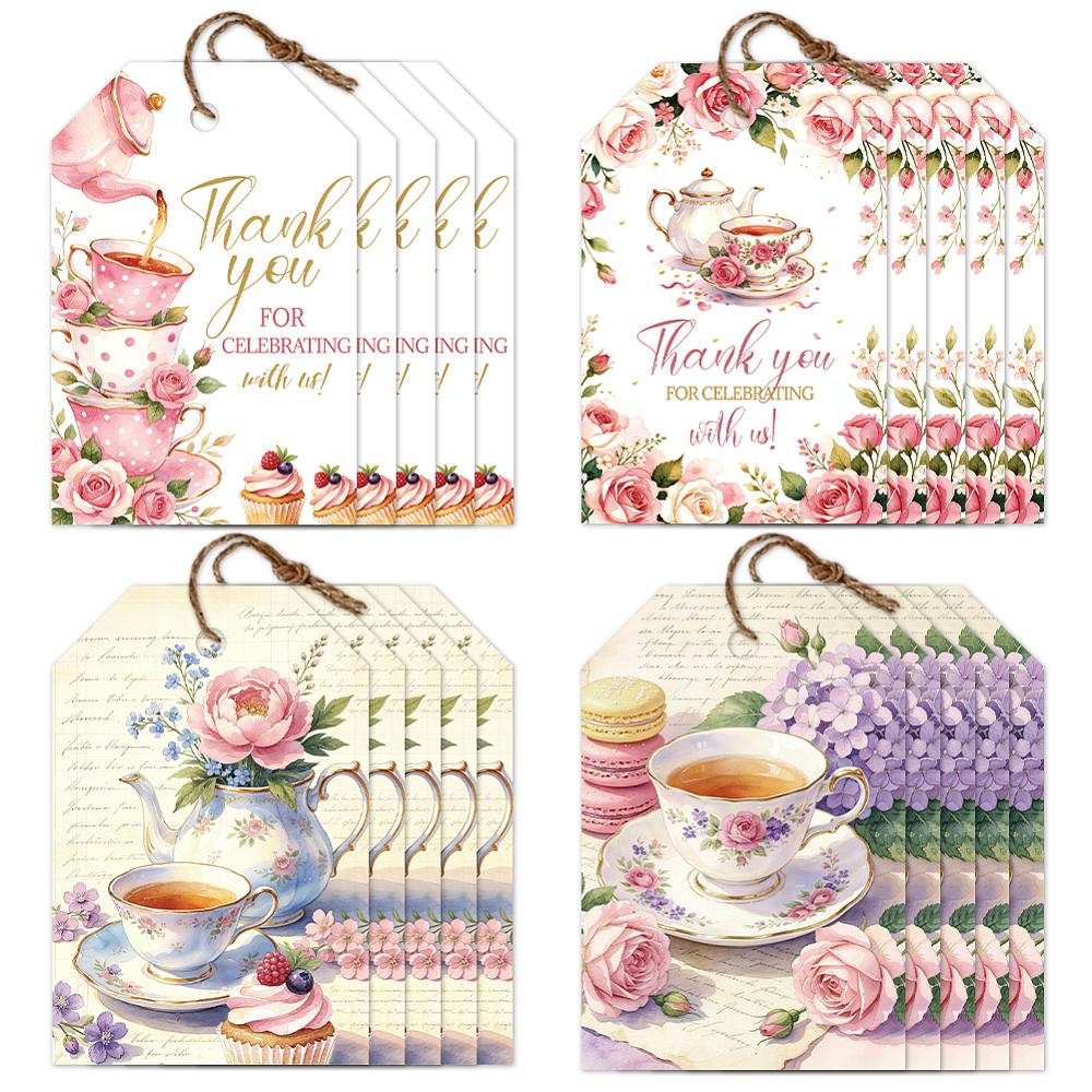 1set 80pcs 4 styles Printed Paper Thank You Gift Tags Rectangle Teacup 7.7x5.1cm Hole: 5mm 20pcs/style