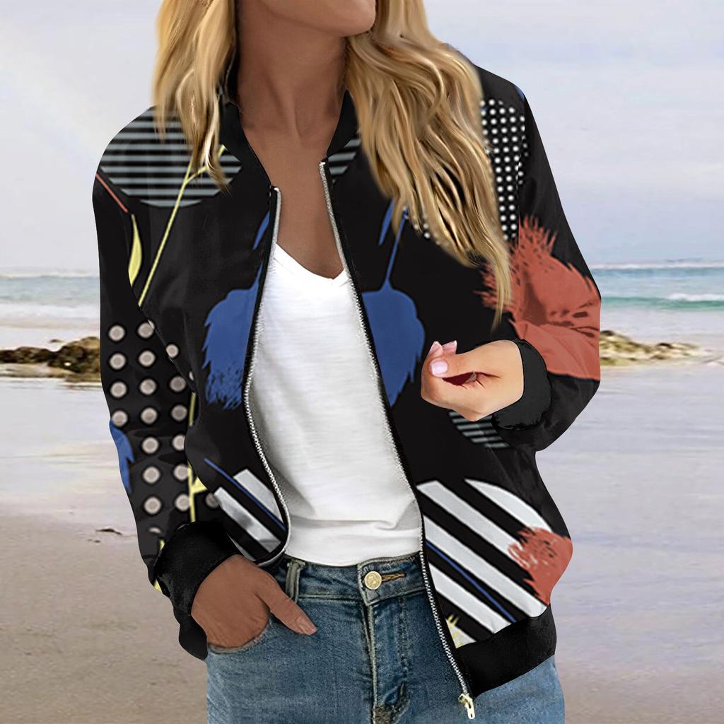 Куртки для женщин, легкие укороченные куртки с длинным рукавом на молнии, модная верхняя одежда с принтом, повседневные стеганые куртки с карманами