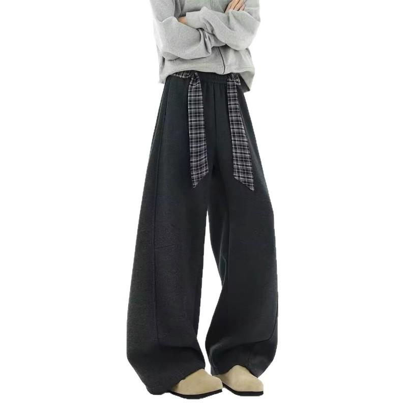 Korean Contrast Color Plaid Belt Sweatpants Unisex Elastic Waist Wide Leg Casual Pants