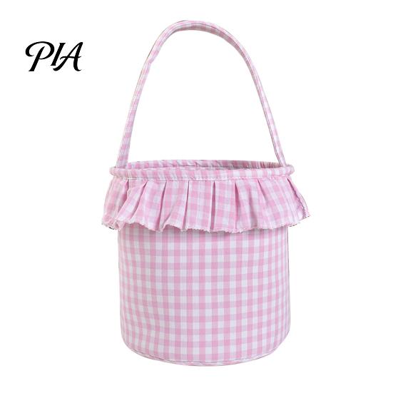Easter Egg Hunt Carriers Halloween Basket, Plaid Ruffle Trick or Treat Candy Bucket with Handle Bags for Kids Kids, Reusable Gingham Fabric