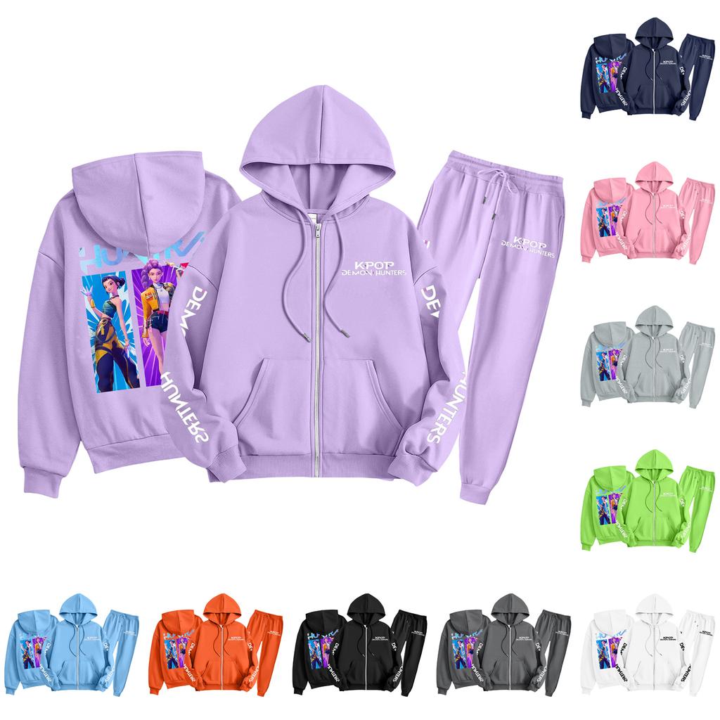 Children's Fashion Long Sleeve Zipper Hooded Sweatshirt Sweatpants Print Pocket Sweatshirt Set