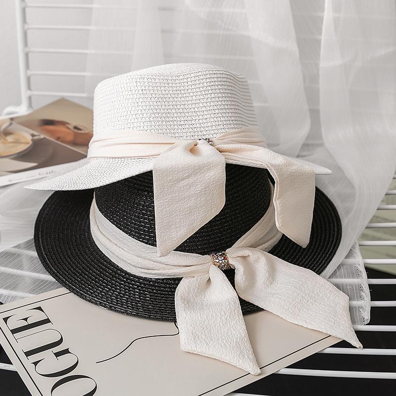 Women's Fashionable Straw Sun Hat with Floral Bow, Summer Beach and Seaside Protection