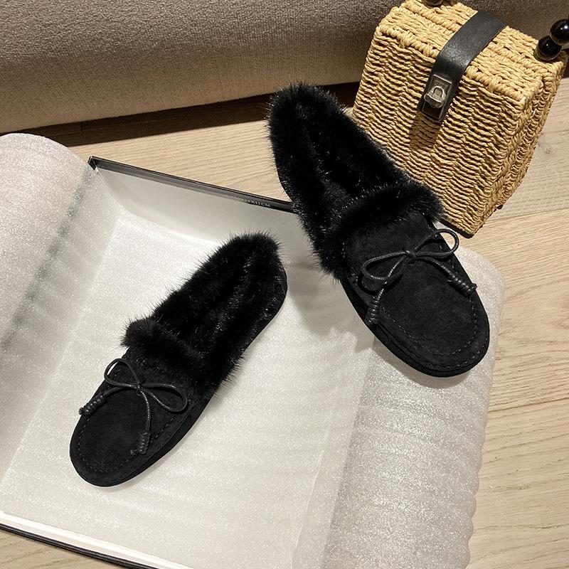 Роскошные Меховые Мокасины Женские Зимние Хлопковые Туфли Женские Теплые Слипоны для Ходьбы Балетки Меховые Лоферы Ботинки из Свиной Кожи