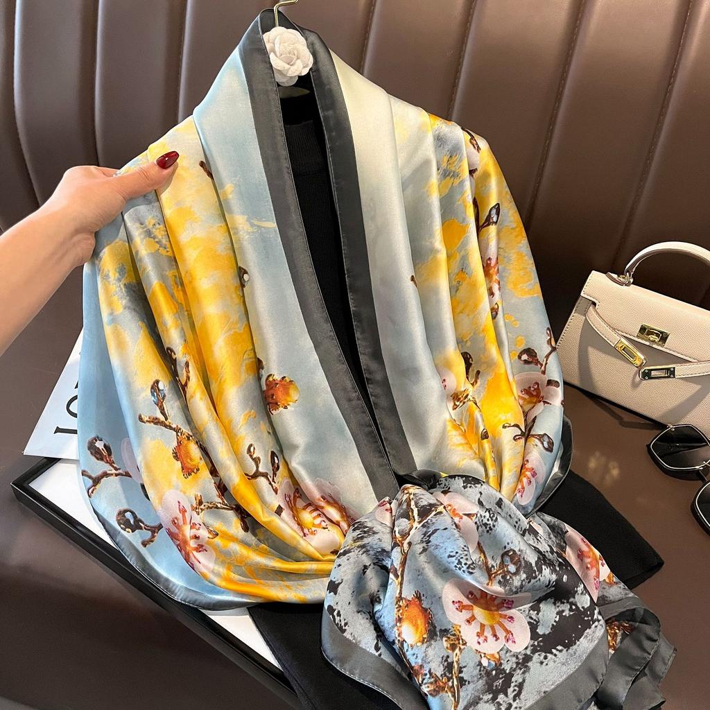 New Spring and Autumn Retro Floral Cranes Temperament Simulation Silk Large Long Scarf Sunscreen Outwear Shawl Female Silk Scarf