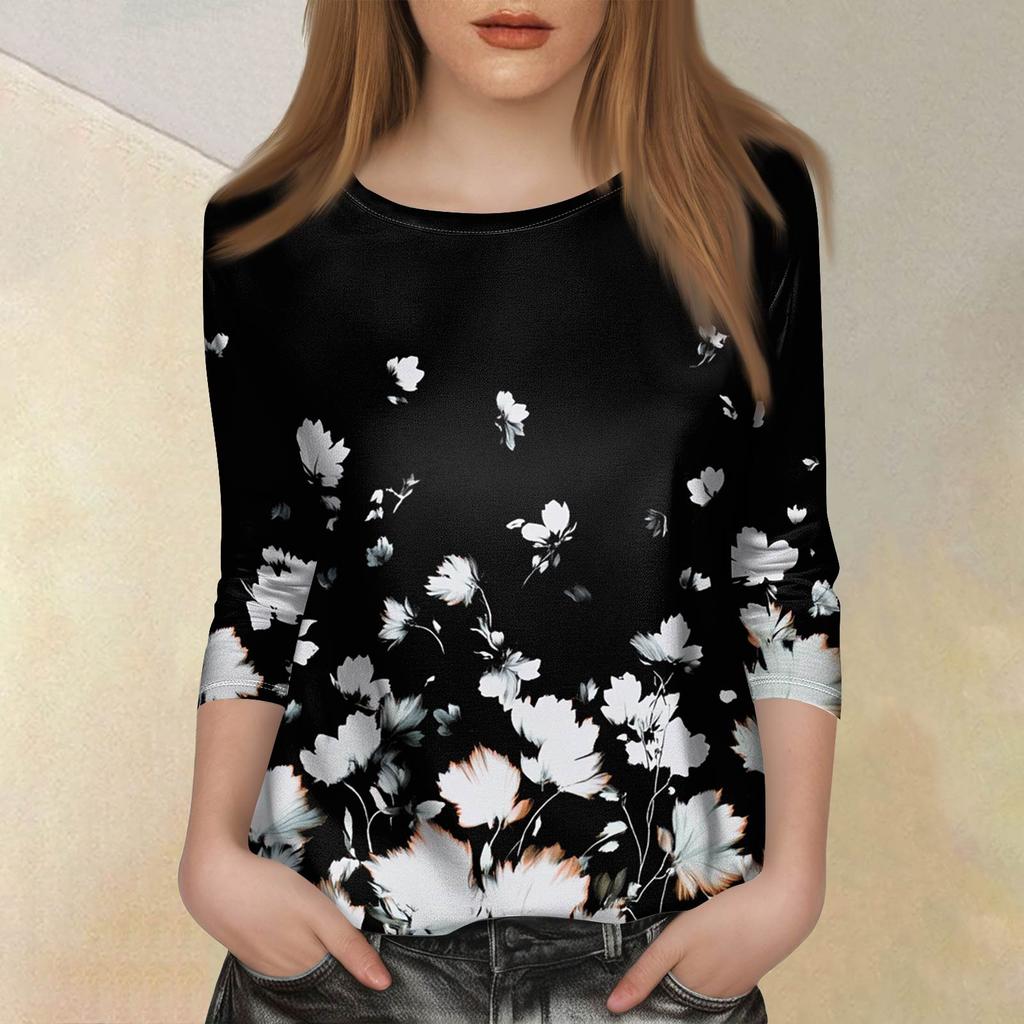 Женская модная повседневная футболка с рукавом семь восьмых, принтом и круглым вырезом