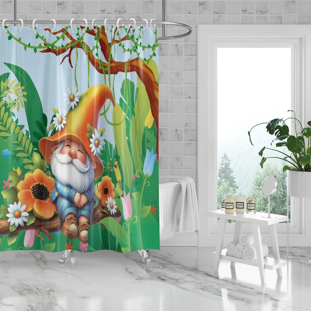1PC Dwarf pattern printed shower curtain, spring day, waterproof, with 12 hooks, bathroom showers, bathtub, home use