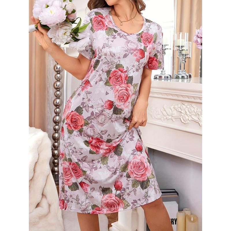 Большой размер, круглый вырез, короткий рукав, синий цвет с цветами абрикоса, домашняя одежда, ночная рубашка, платье, повседневный стиль, женская одежда с принтом