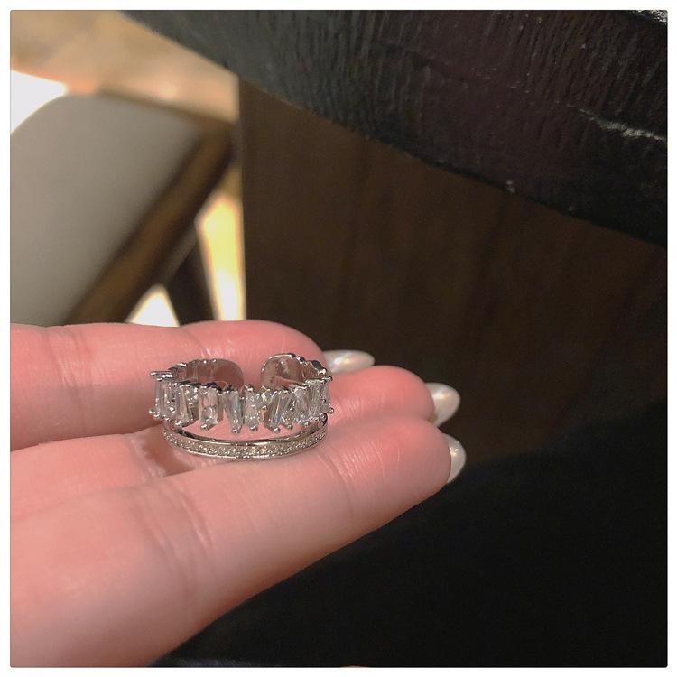 Design Sense Light Luxury Full Diamond Ring, Zircon Super Flash Row Diamond Double Layer Ring Temperament Open Woman
