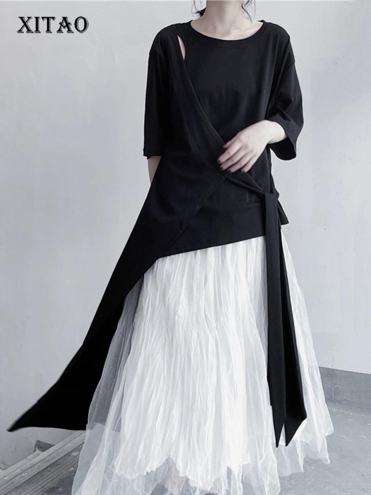 Xitao Нерегулярные длинные футболки, индивидуальный модный бандажный женский повседневный топ HQQ0926