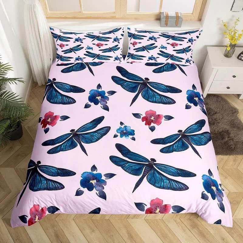 Dragonfly Duvet Cover King Butterfly Flower Leaves Bedding Set Microfiber Nature Animals Plants Quilt Cover For Teens Girls Room