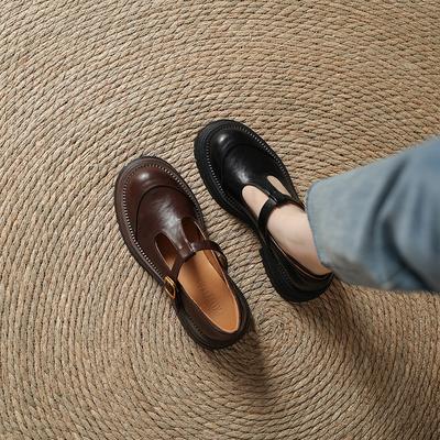 Весна-лето 2025 туфли на толстой подошве в британском стиле из маленькой кожи с круглым носком, ретро туфли Мэри Джейн в стиле Хепберн с Т-образным ремешком, одинарные туфли женские