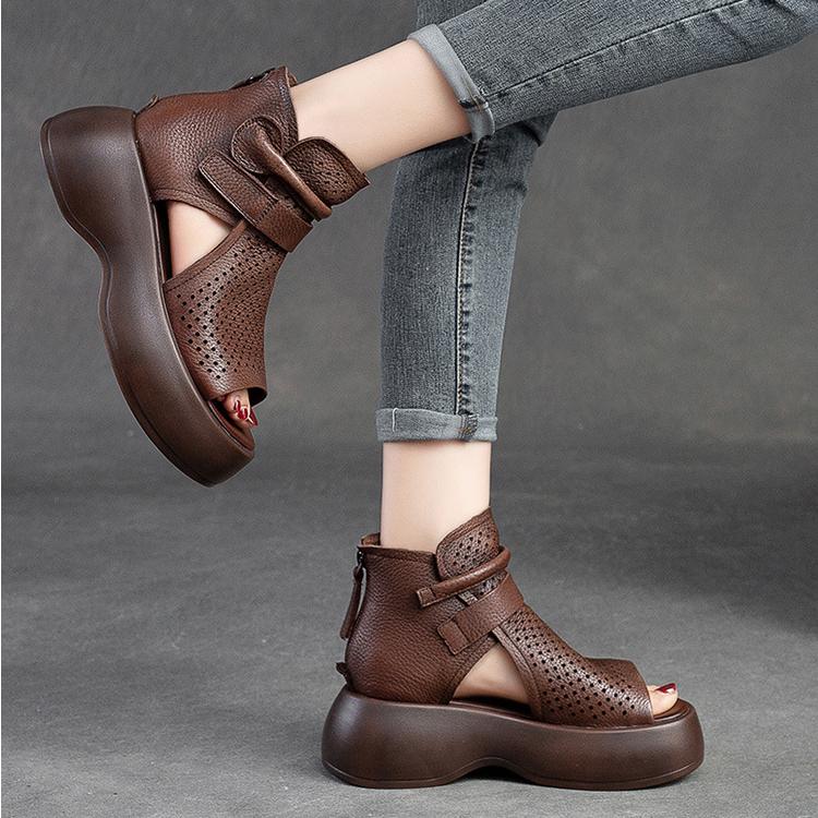 Летние сандалии с открытым носком на толстой подошве, женские дышащие удобные туфли на платформе из натуральной кожи с открытым носком