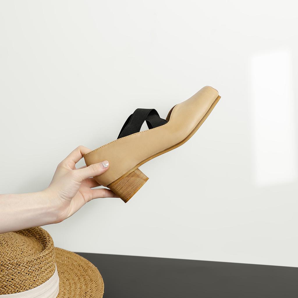 Medium Heel Ballet Shoes Leather Retro Pork Head Shoes Women's Thick Heel Shallow Mouth Single Shoes Cross Strap Mary Jane Shoes