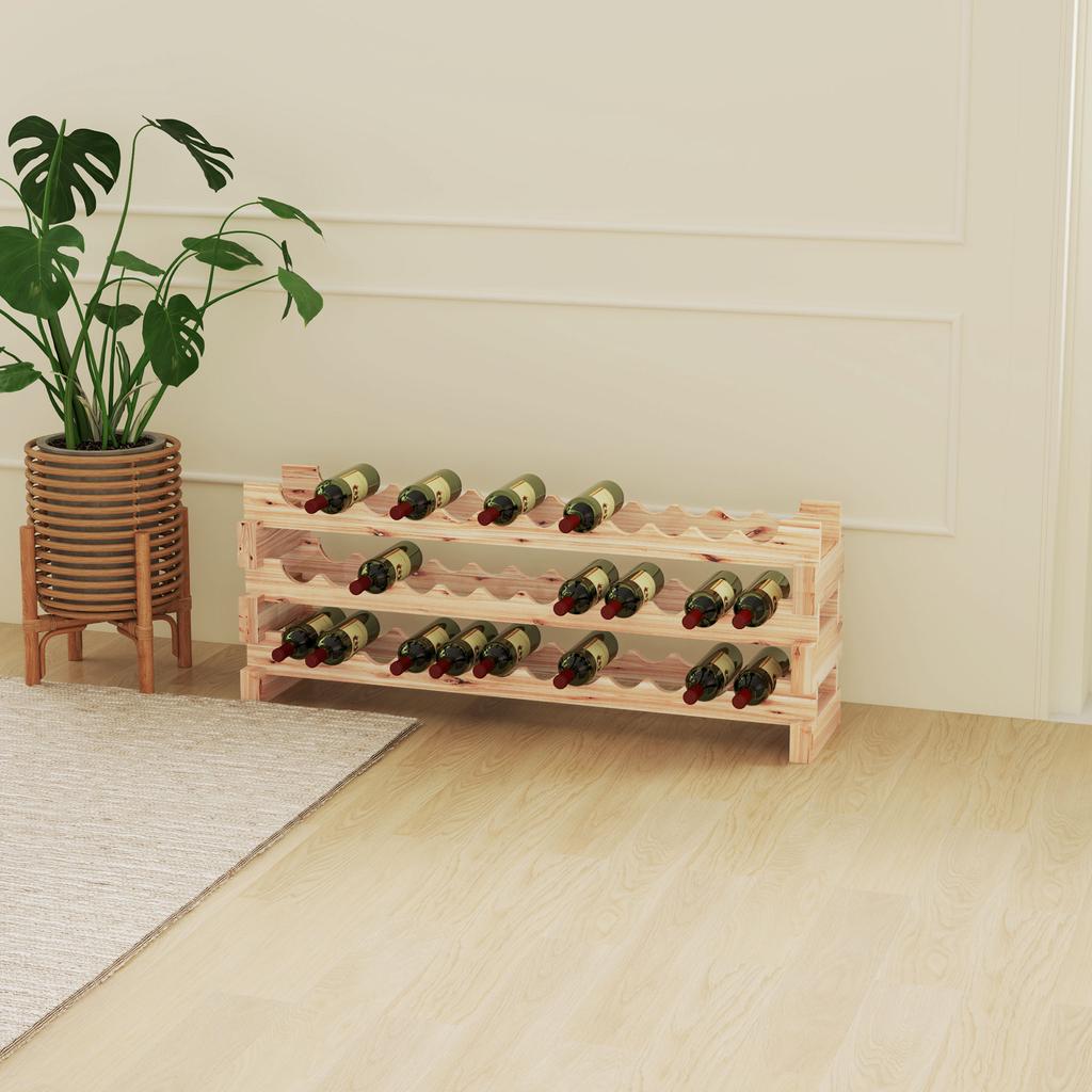 Three-Tier, 36 Bottle Wooden Wine Rack - Natural