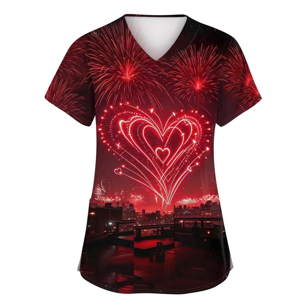 Женские модные топы с короткими рукавами и V-образным вырезом с принтом, рабочие футболки с карманами