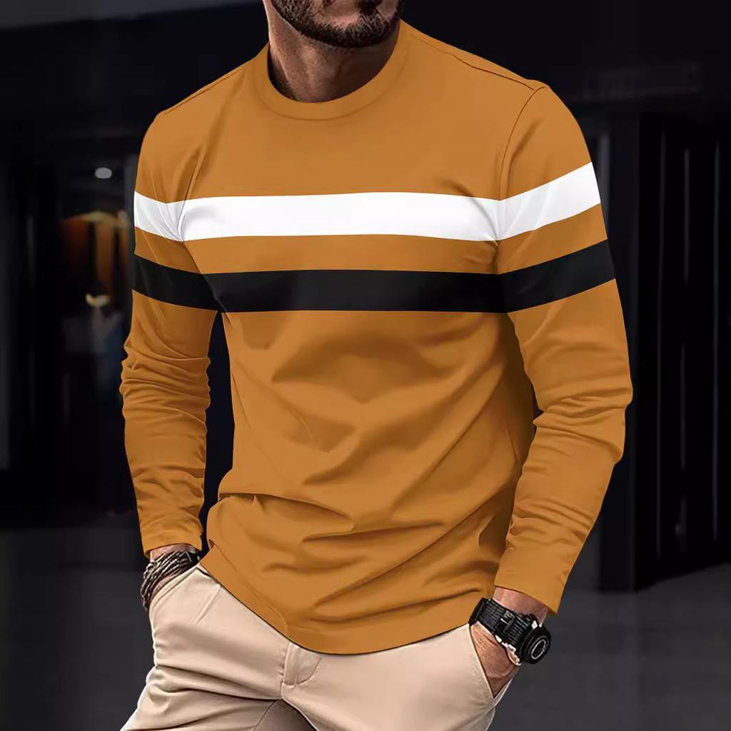 Autumn and Winter Plus Size Round Neck Long Sleeved Color Blocked Base Shirt Pullover Men's T-shirts