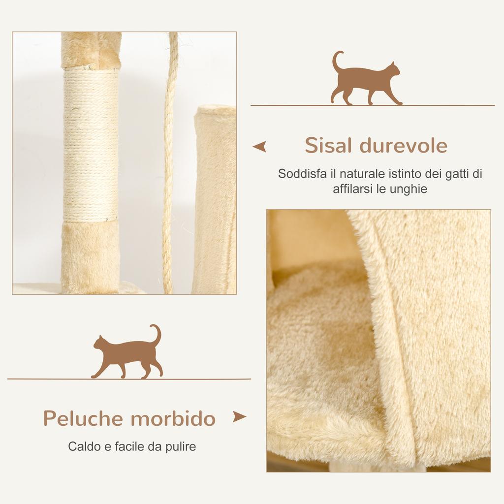 4-Tier Wooden Cat Scratching Post with House, Toys, Ball and Rope, Height 114cm