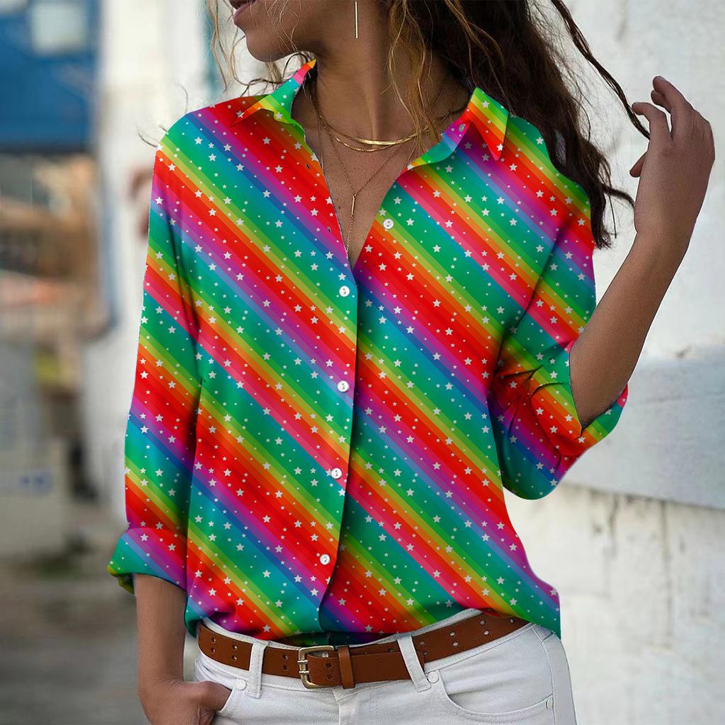 Блузка с полосатым принтом для женщин, весна-осень, женская, офисная, на пуговицах, с отложным воротником