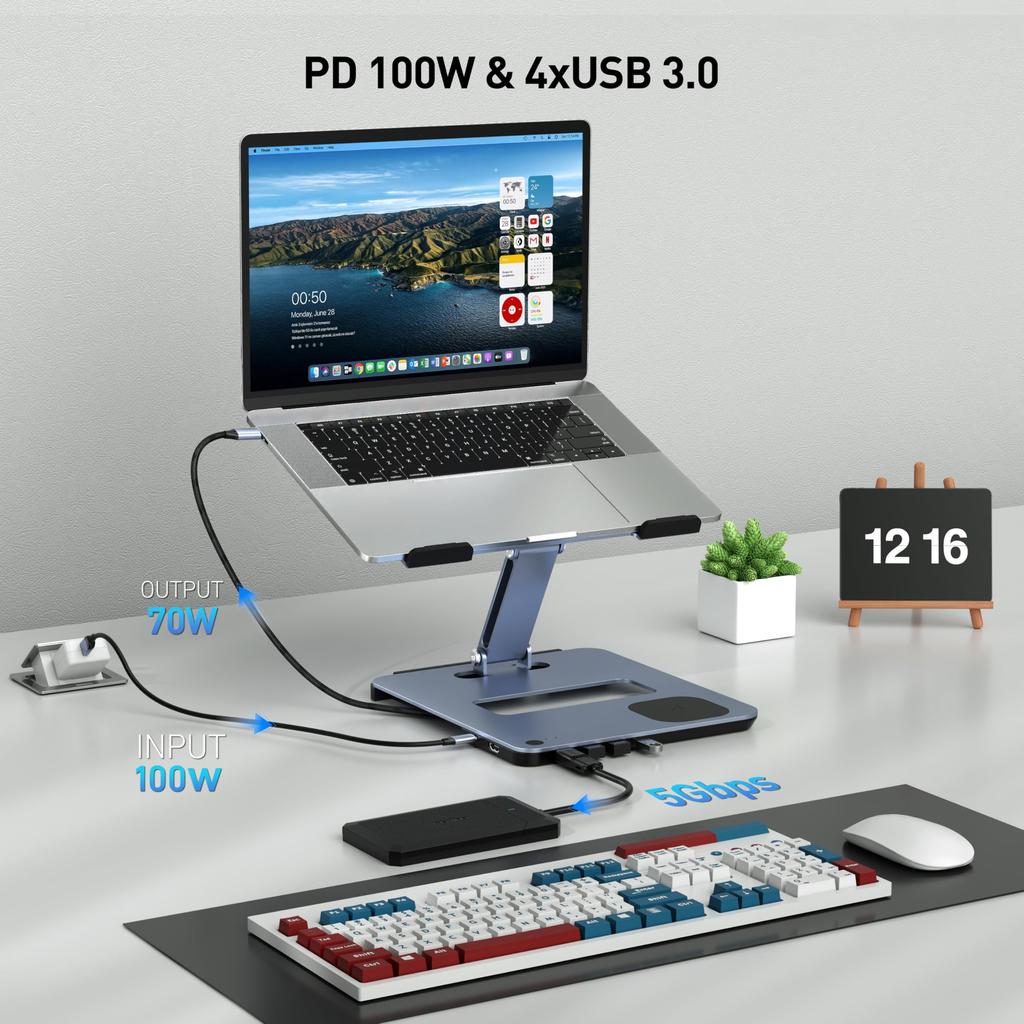 BENFEI 6-в-1 Складная подставка для ноутбука с док-станцией USB-C и магнитной беспроводной зарядкой (15W), Зарядка PD100W, HDMI 4K@60Hz, 4 x USB3.0, Функция переключения KVM