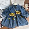 Детское Девочки Цветочное Джинсовое Платье Отложной Воротник Однобортное Детское Платье для Девочки Свободное Длинный Рукав Платье для Малышки