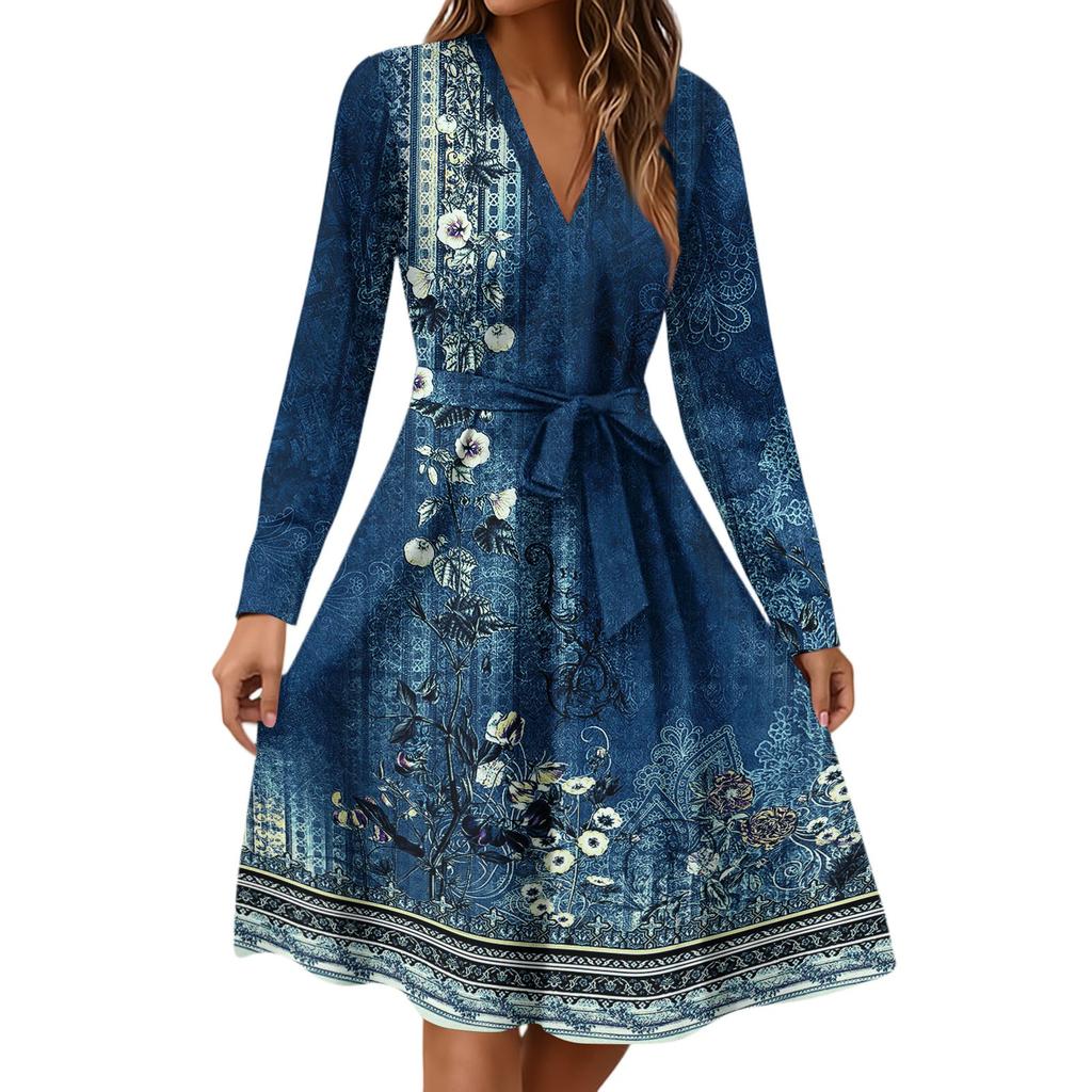 Women's Fashion Casual V-Neck Long Sleeve Waist Floral Print Midi Dress