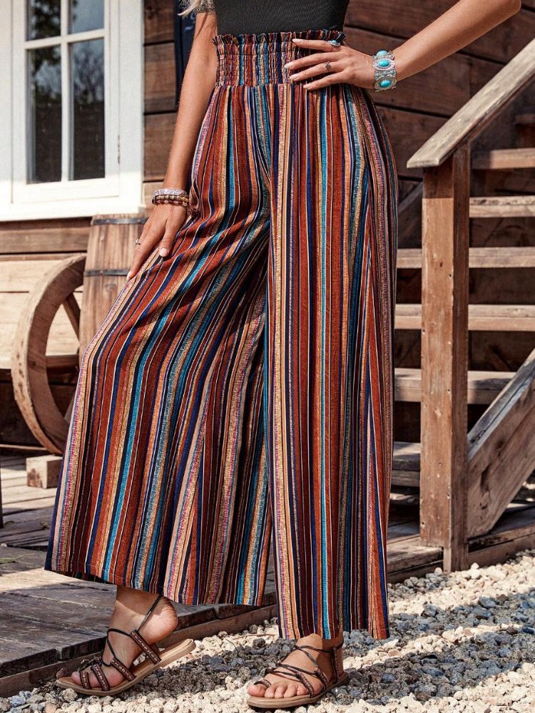 Повседневные брюки прямого кроя в этническом стиле для девочек с полосатым принтом