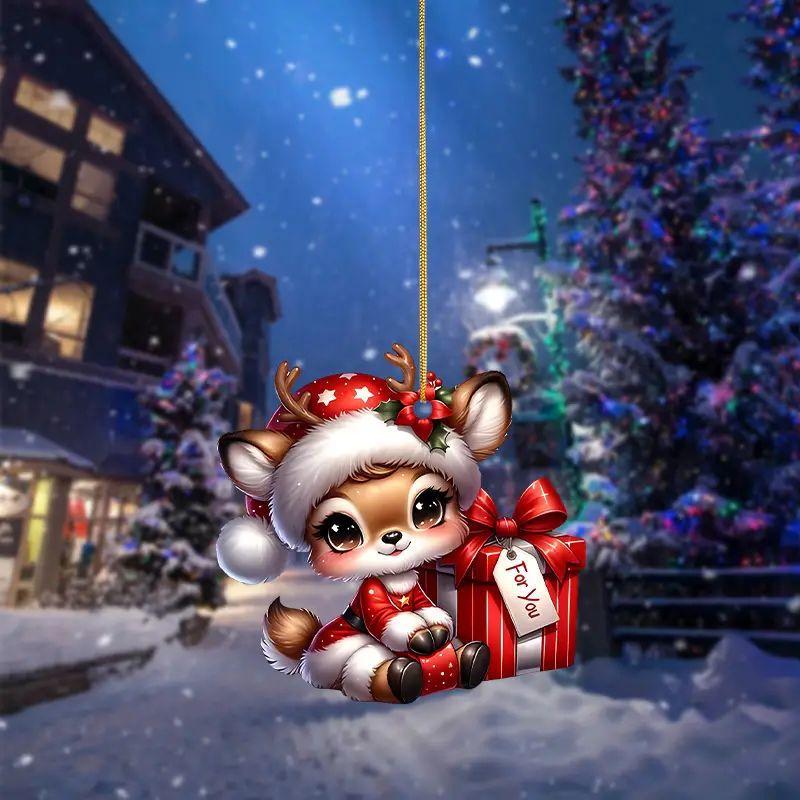 2D Acrylic Cartoon Fawn Christmas Tree Pendant Christmas Cartoon Cute Elk Hanging Decorations New Gifts Party Decor