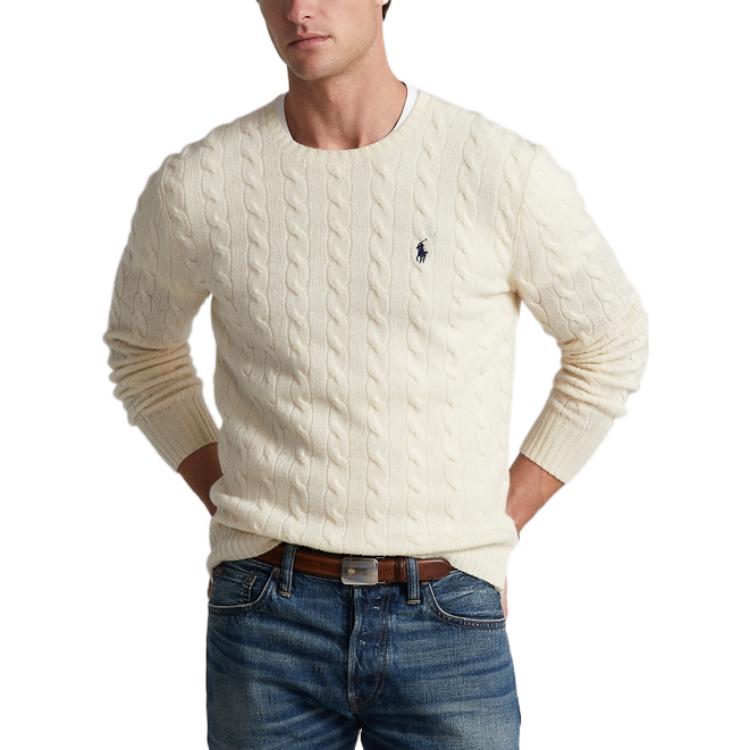 Polo Ralph Lauren FW22 Solid Logo Embroidered Cable Knit Sweater Men Sweater White MNPOSWE16821269-101