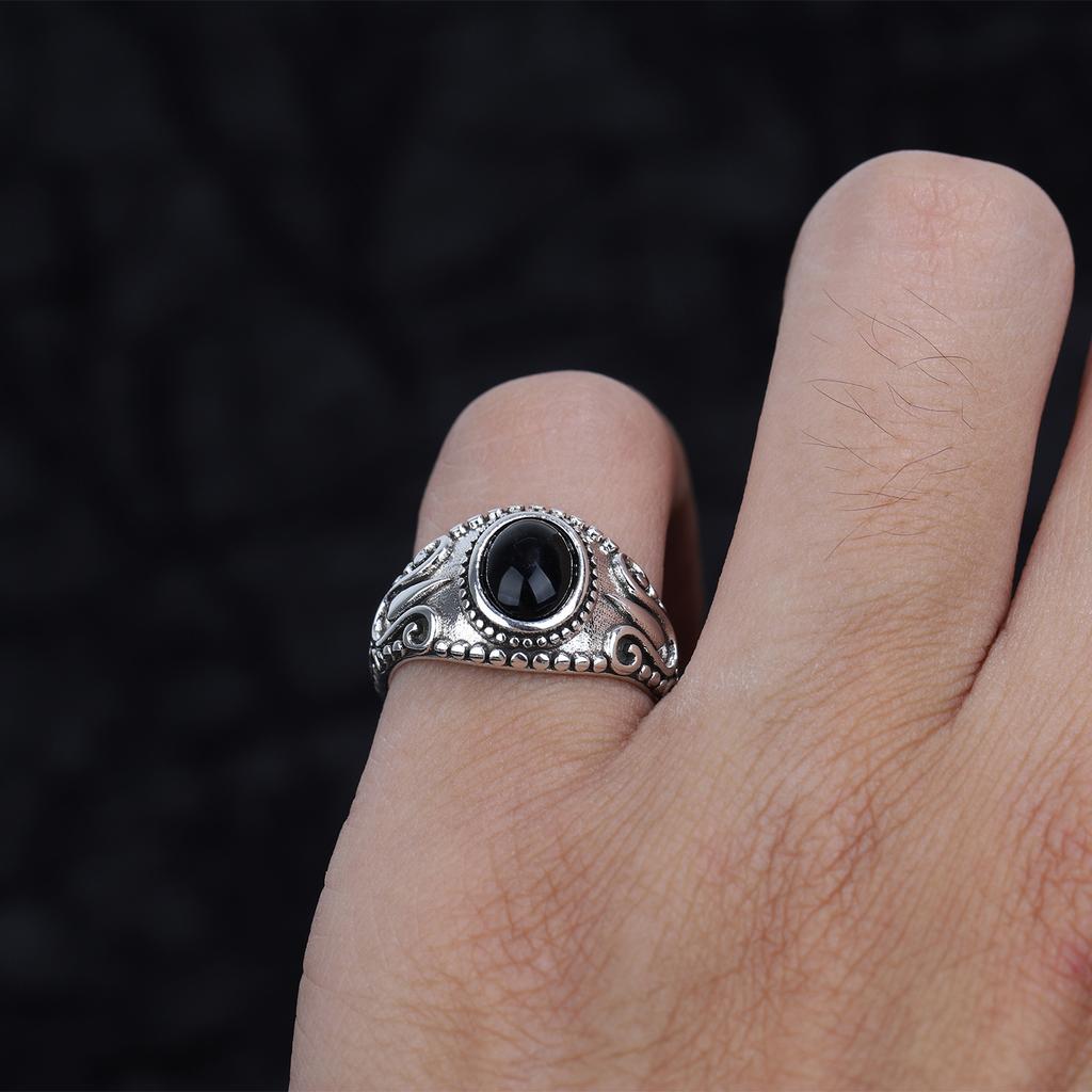 Ретро Средневековый Узор Черный Оникс Кольцо Для Женщин Посеребренная Медь Панк Готика Дерзкое Мизинец Кольцо Аксессуары Крутой Подарок
