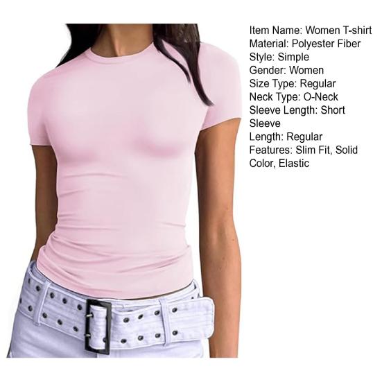 Женская футболка с круглым вырезом и коротким рукавом, однотонная футболка, облегающий летний пуловер, топы, повседневная одежда для работы