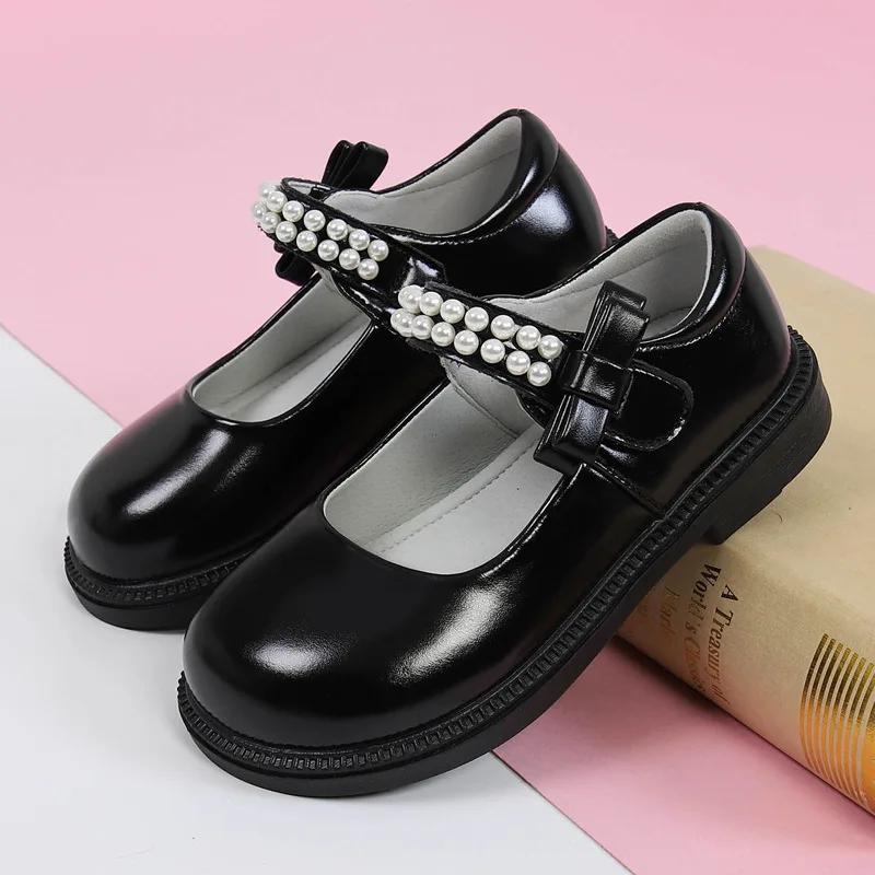 Детские кожаные туфли, черные школьные туфли для девочек, универсальные повседневные детские модные туфли на плоской подошве, нескользящие, весна-осень